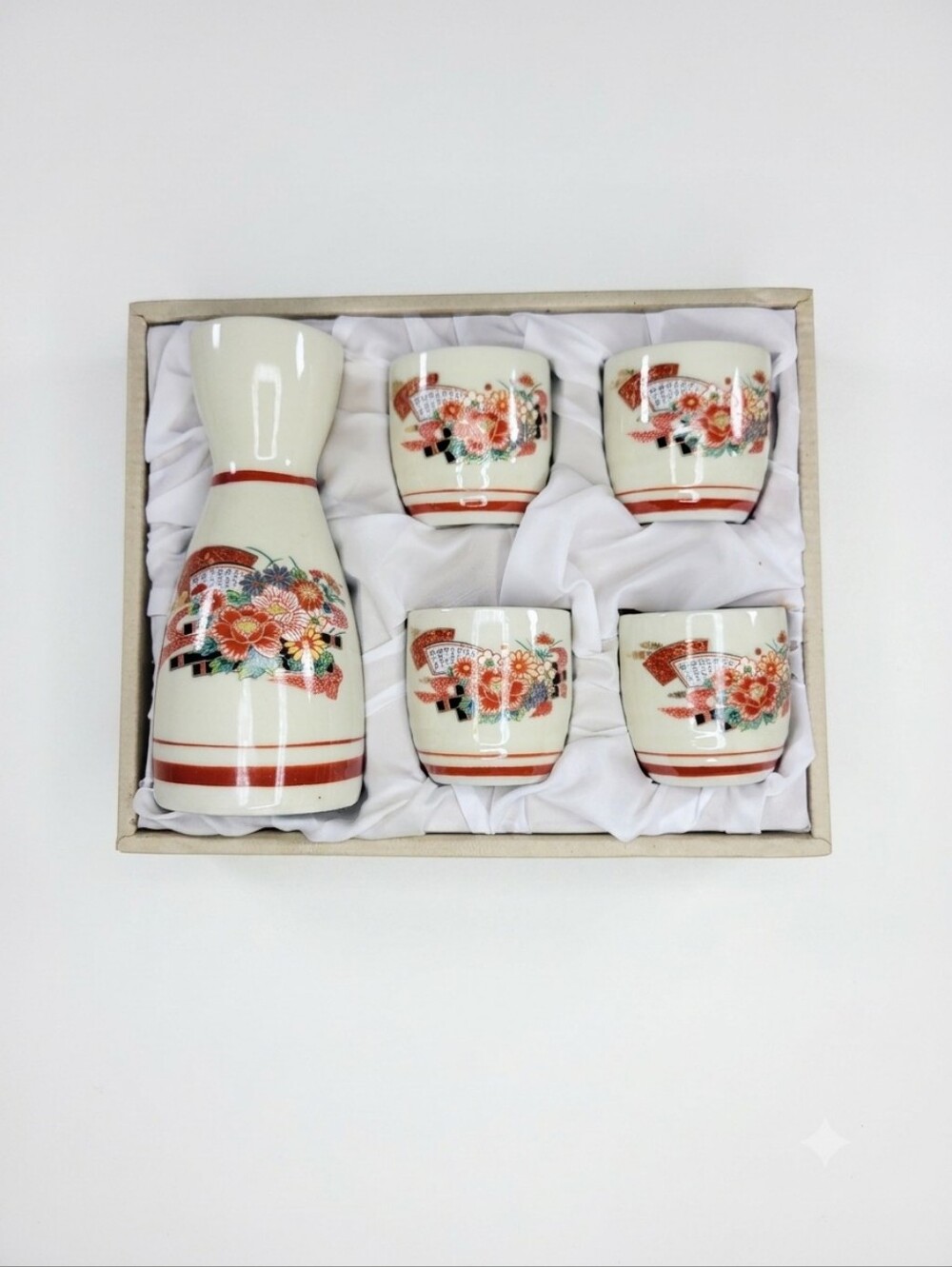 Vintage Japanese Sake Set Floral Ceramic Gift Set Japan Cream Red 5 Piece